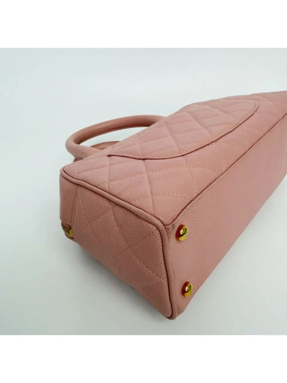 Chanel CC Logo Quilted Mini Boston Bag Caviar Leather Pink Gold Vintage